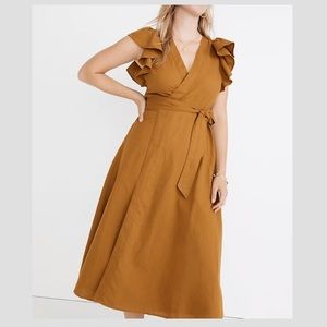 Madewell Linen-Blend Ruffle-Sleeve Wrap Midi Dress XL in Golden Brown